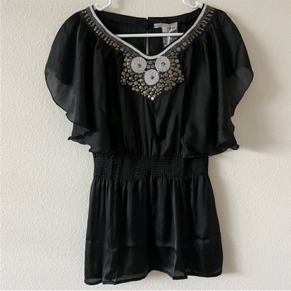 Lucy Paris Black Studded Flutter Sleeve Smocked Waist Blouse